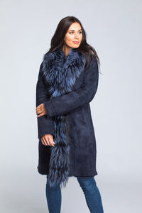 Women's Lambskin Leather W/ Silver fox Trim. 28" Navy