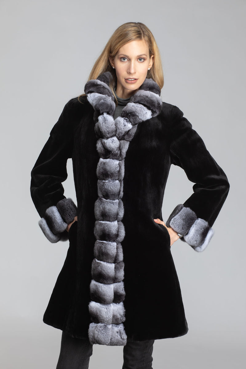 Women's 36" Black Sheared Mink W/Natural Chinchilla Trim Reversible to Taffeta