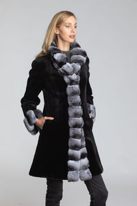 Women's 36" Black Sheared Mink W/Natural Chinchilla Trim Reversible to Taffeta