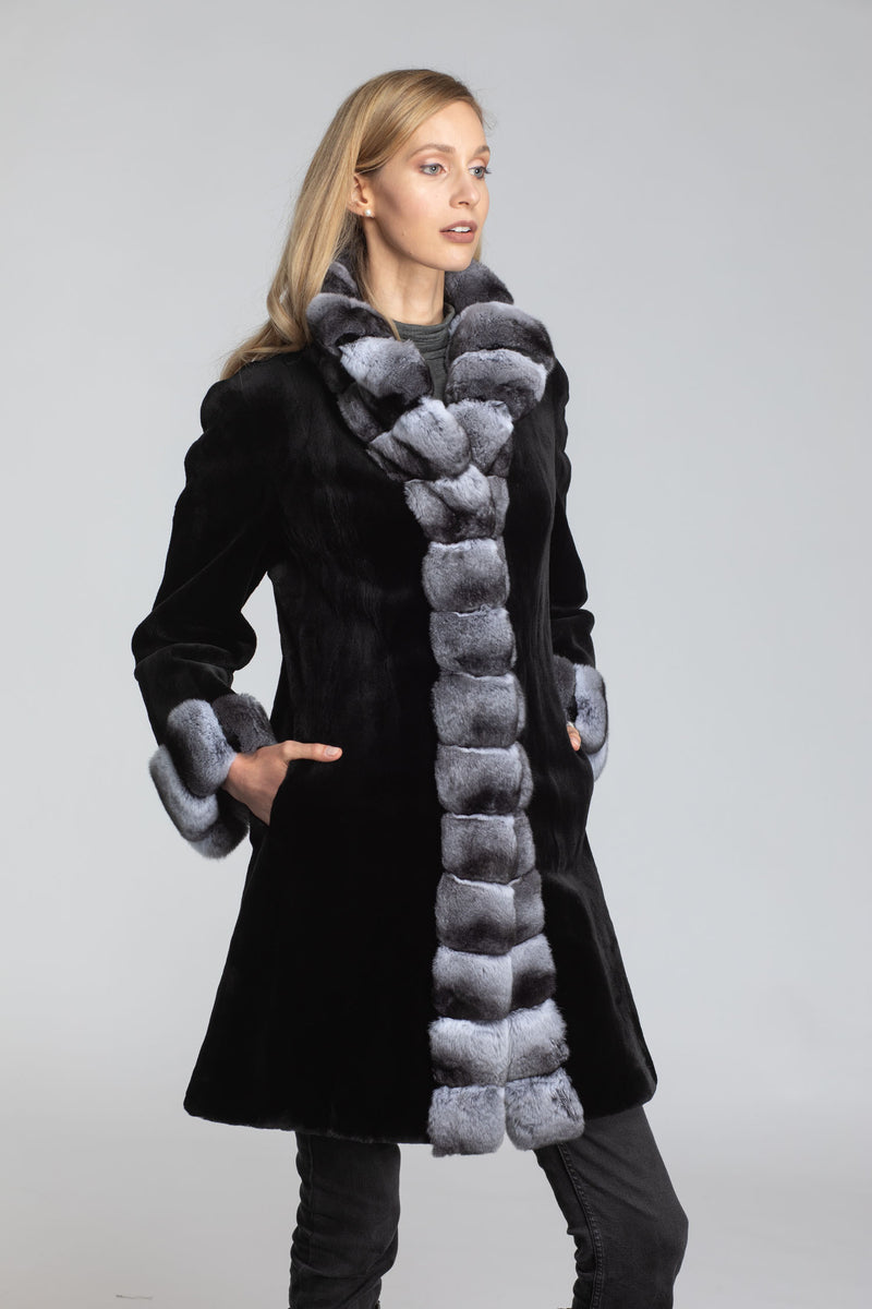 Women's 36" Black Sheared Mink W/Natural Chinchilla Trim Reversible to Taffeta