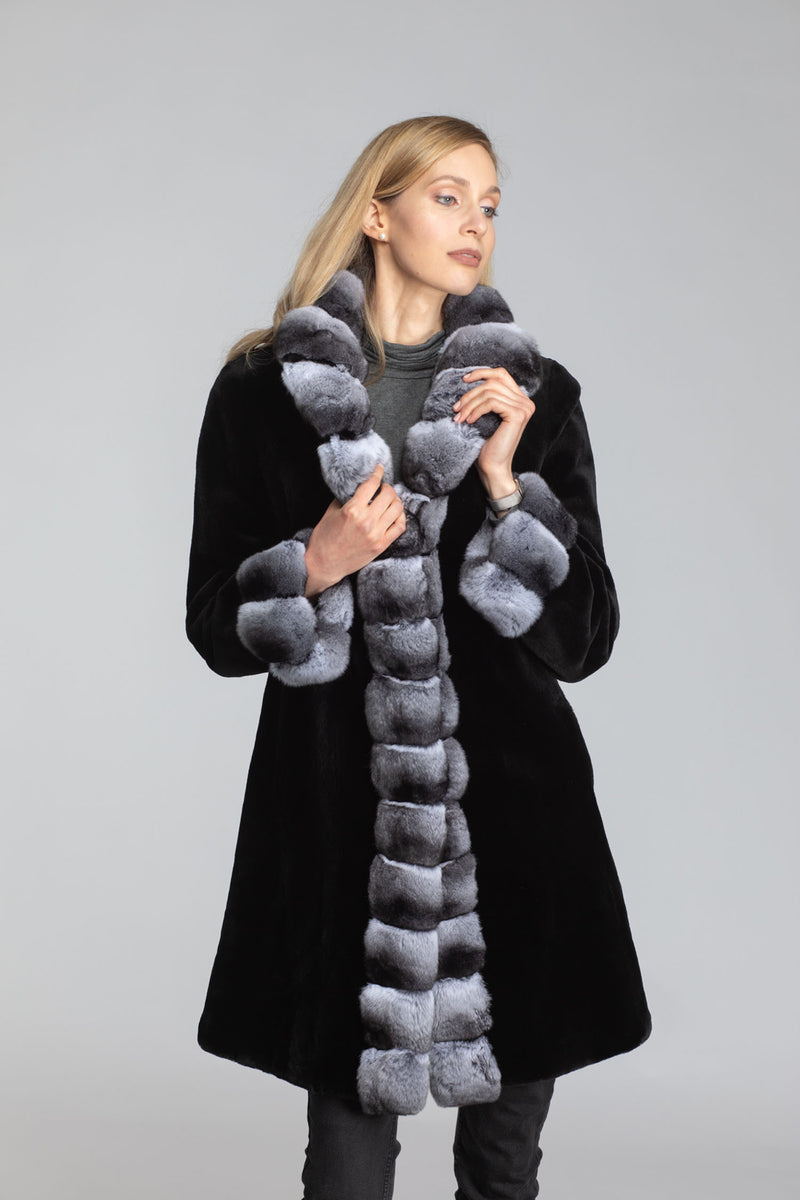 Women's 36" Black Sheared Mink W/Natural Chinchilla Trim Reversible to Taffeta