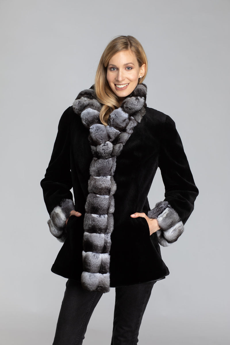 Women's 32" Black Sheared Mink W/Natural Chinchilla Reversible to Lambskin