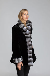 Women's 32" Black Sheared Mink W/Natural Chinchilla Reversible to Lambskin