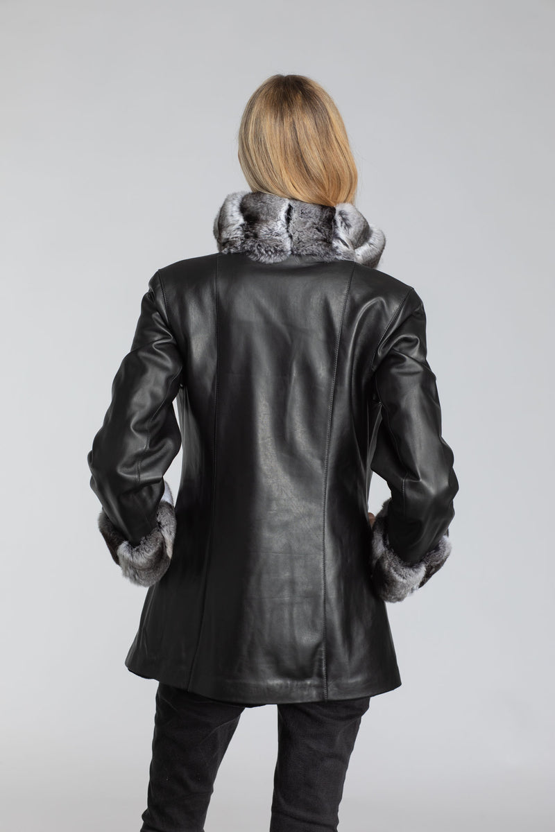 Women's 32" Black Sheared Mink W/Natural Chinchilla Reversible to Lambskin
