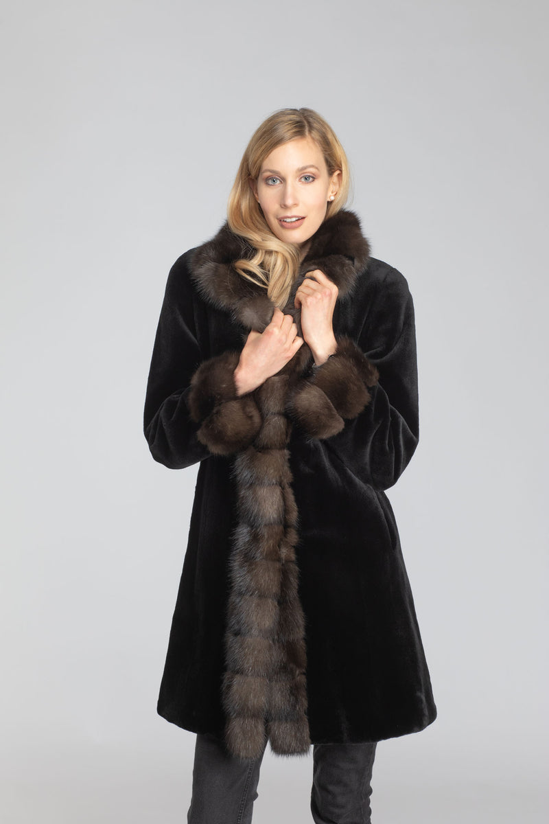 Women's 36" Black Sheared Mink W/Natural Russian Sable Reversible to Taffeta