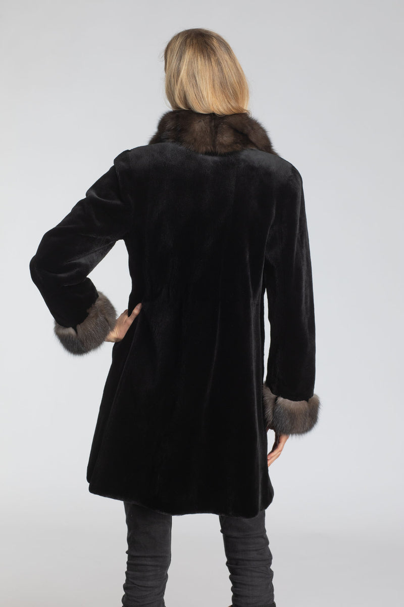 Women's 36" Black Sheared Mink W/Natural Russian Sable Reversible to Taffeta