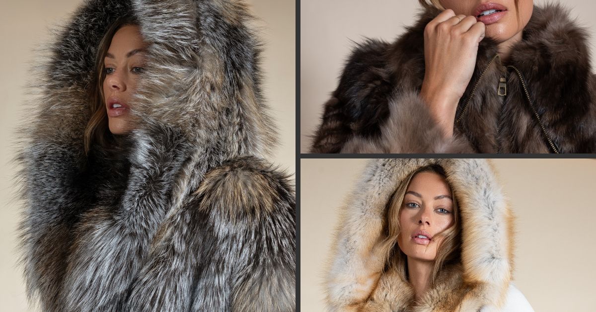 Luxury natural fox fur collection showing silver fox, dark brown fox, and golden fox varieties - Hyde Luxury Apparel quality fur guide