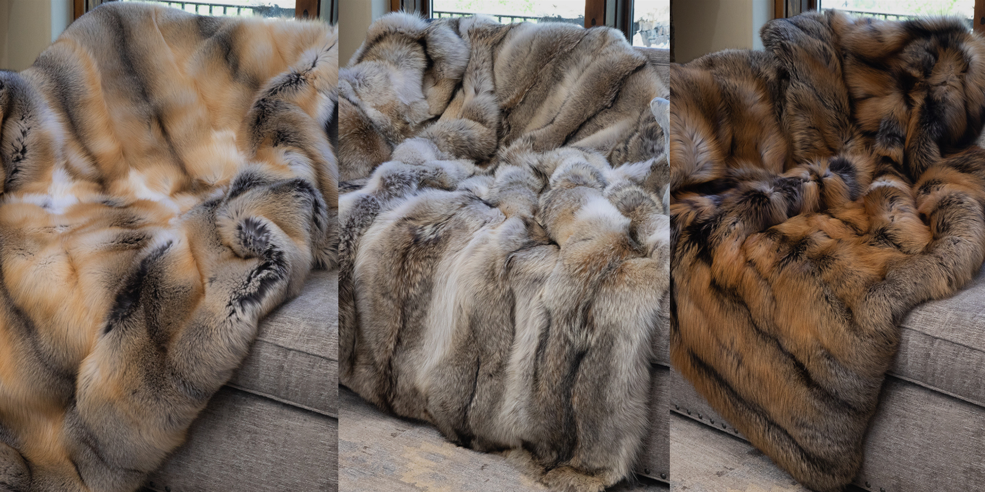 Genuine fox fur blankets by Hyde Luxury Apparel — natural color variation across multiple fur types