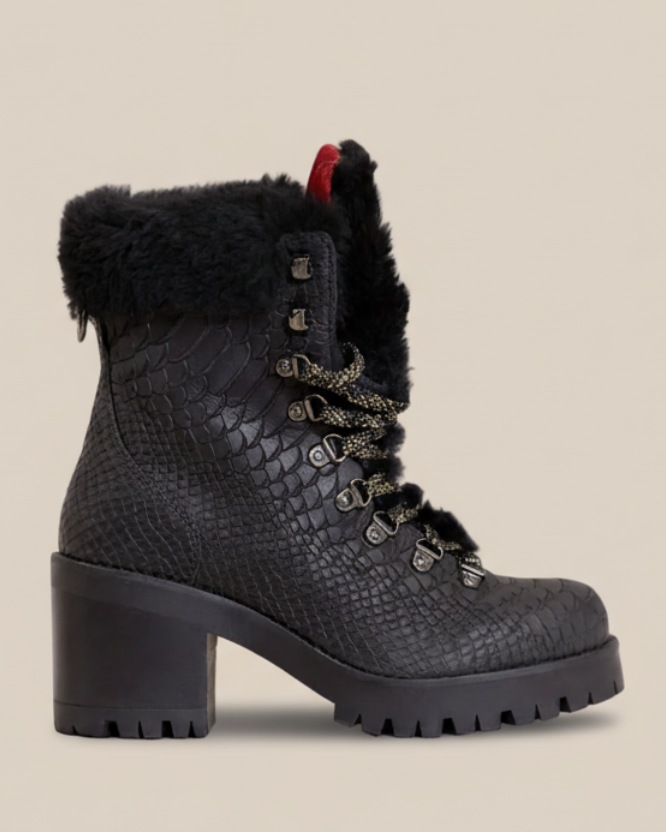 HYDE Alisa winter boot in black croc-embossed leather with black fur collar — lugged sole, red pull tab, handmade in Tuscany since 1972