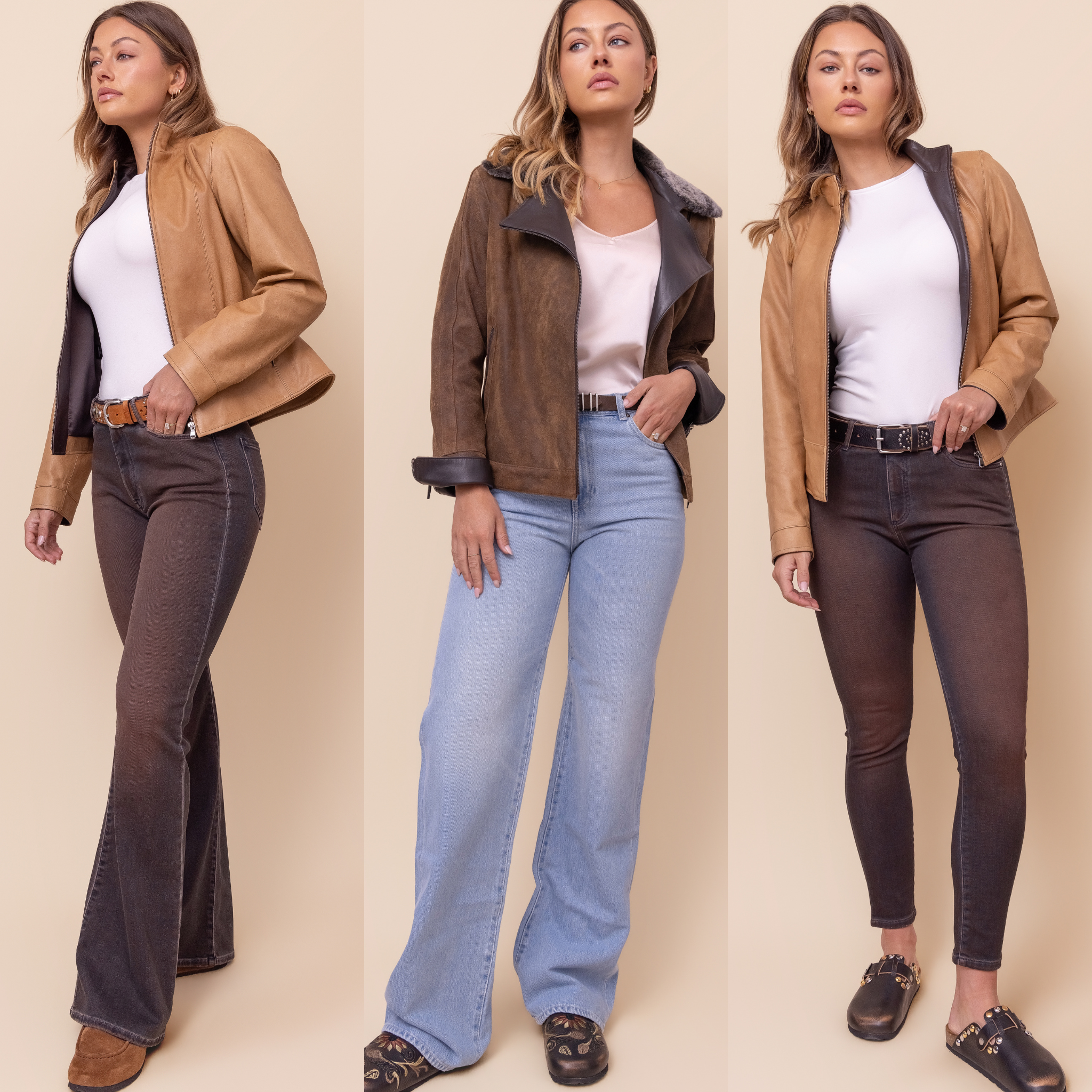 Models wearing HYDE women’s luxury trousers and Italian denim with elevated leather outerwear styling