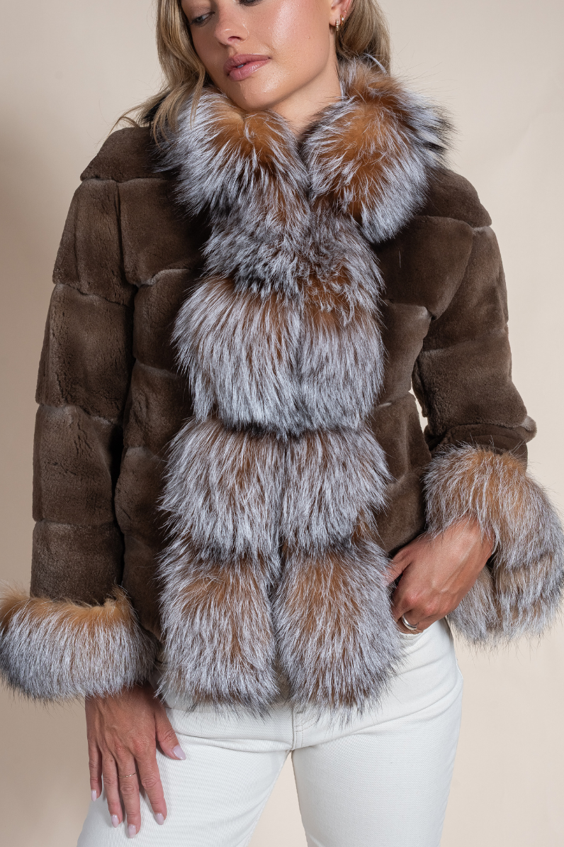 Women’s Sheared Mink Jacket with Crystal Fox Collar & Cuffs | Hyde Luxury Apparel