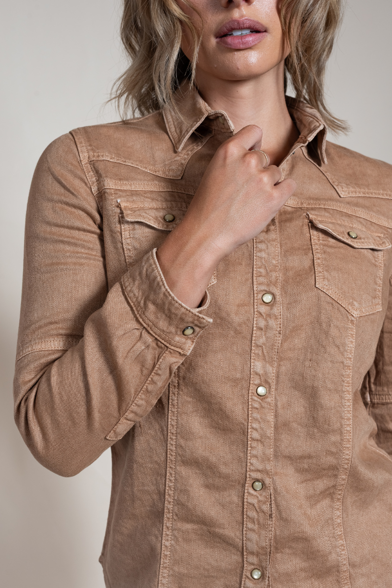 Women's Sarah Western Snap Shirt – Cotton Linen Blend Luxury Casual
