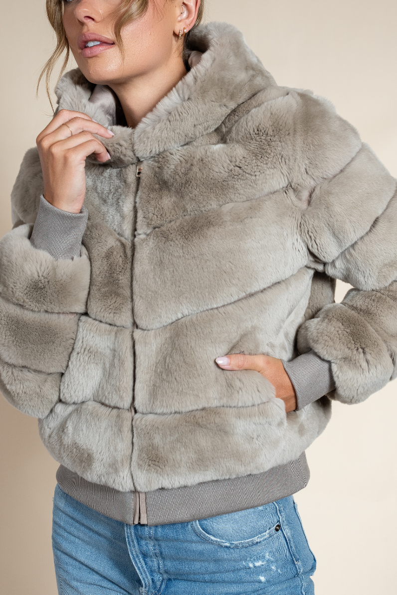 Women’s Luxury Rex Fur Bomber Jacket with Hood in Tan | Hyde Luxury Apparel