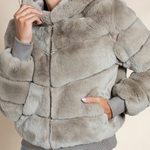 Women’s Luxury Rex Fur Bomber Jacket with Hood in Tan | Hyde Luxury Apparel