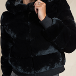 Women’s Luxury Rex Fur Bomber Jacket with Hood in Black | Hyde Luxury Apparel