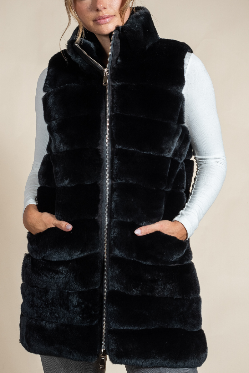 Women’s Long Rex Fur Vest Full-Zip Black | Hyde Luxury Apparel