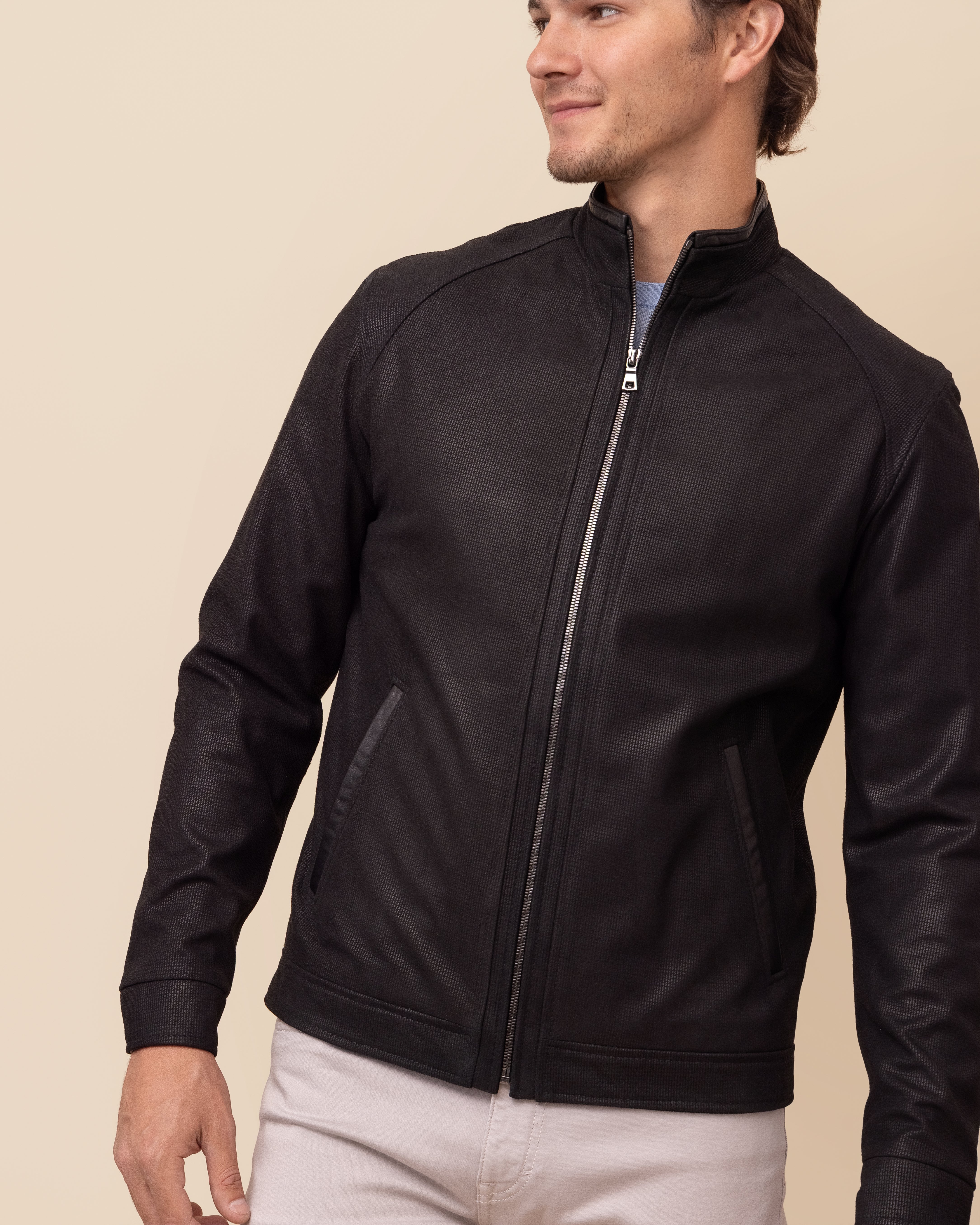 Man wearing HYDE Obsidian Noir black embossed lambskin leather jacket — tailored fit, USA-made, sizes 36–52