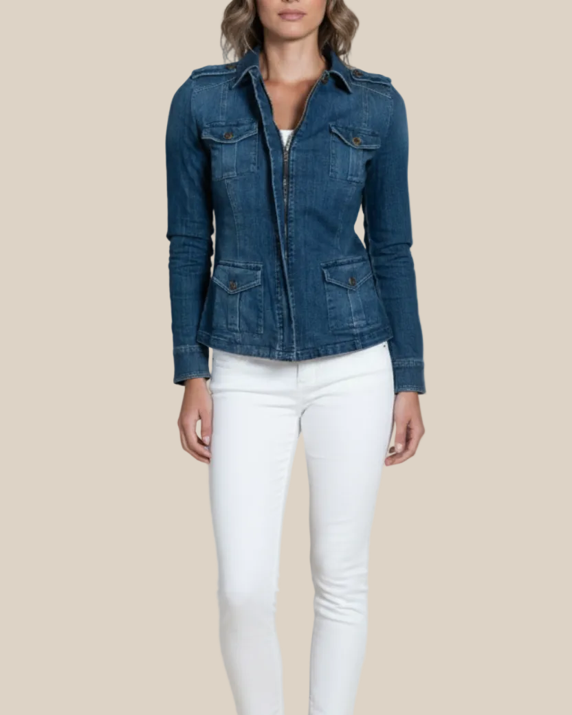 Clelia lightweight cotton denim jacket — pocket and trim detail