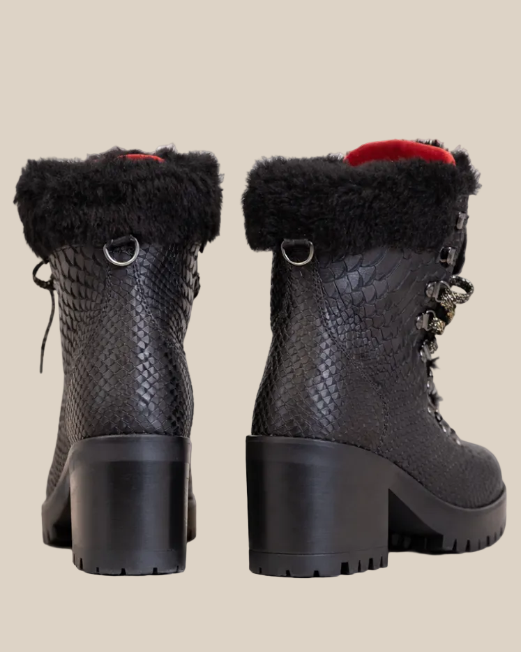 Black winter boots with fur trim on a white background