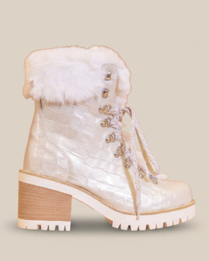 Alisa White Bianco Fur-Trimmed Croc Embossed Leather Winter Boots | Luxury Heeled Boots