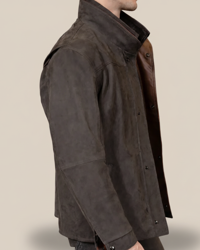 Man wearing a dark brown jacket on a white background