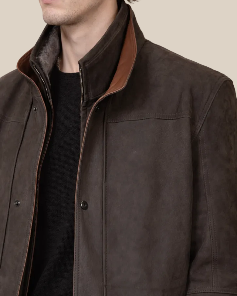 Bishop Mocha Italian Lamb Suede Field Jacket for Men | Luxury Designer Outerwear with Shearling