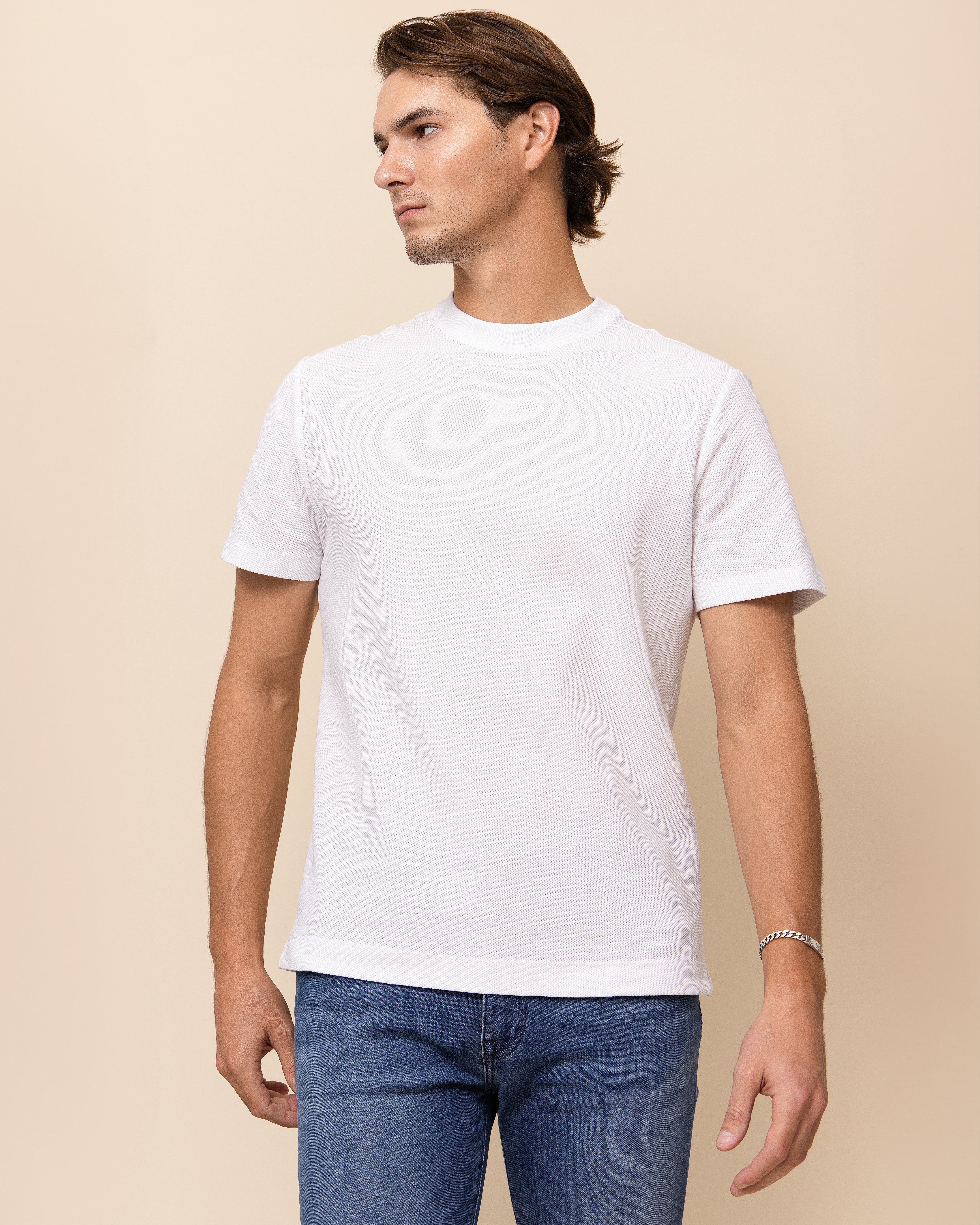 HYDE Brescia honeycomb cotton luxury crew neck tee in white, quiet luxury everyday layering essential
