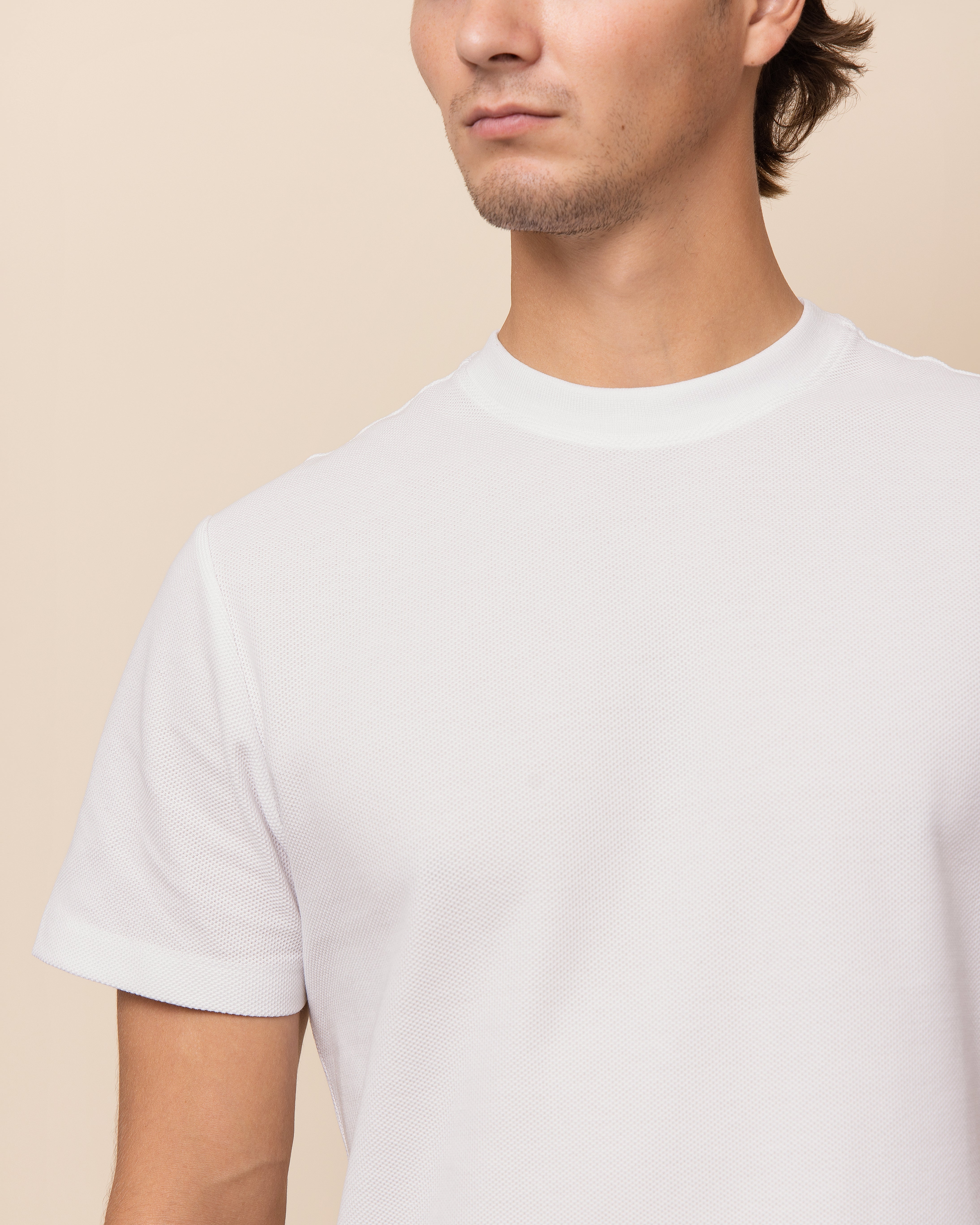 HYDE Brescia men's luxury tee in white, close view of Italian honeycomb pique cotton texture