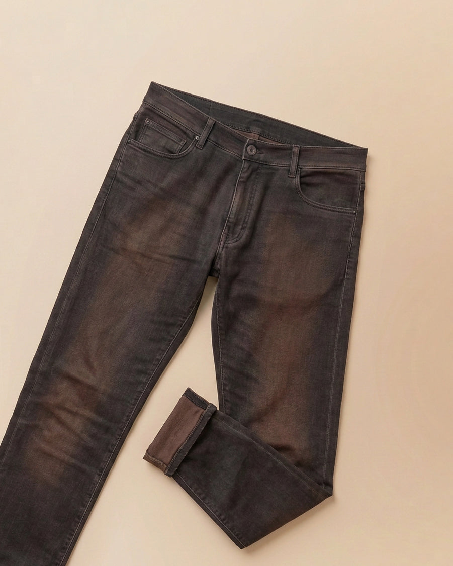 HYDE Cobra APD Selvedge Denim in charcoal-blue washed Italian selvedge, angled flat-lay view showing the subtle fading, tonal stitching and rolled cuff