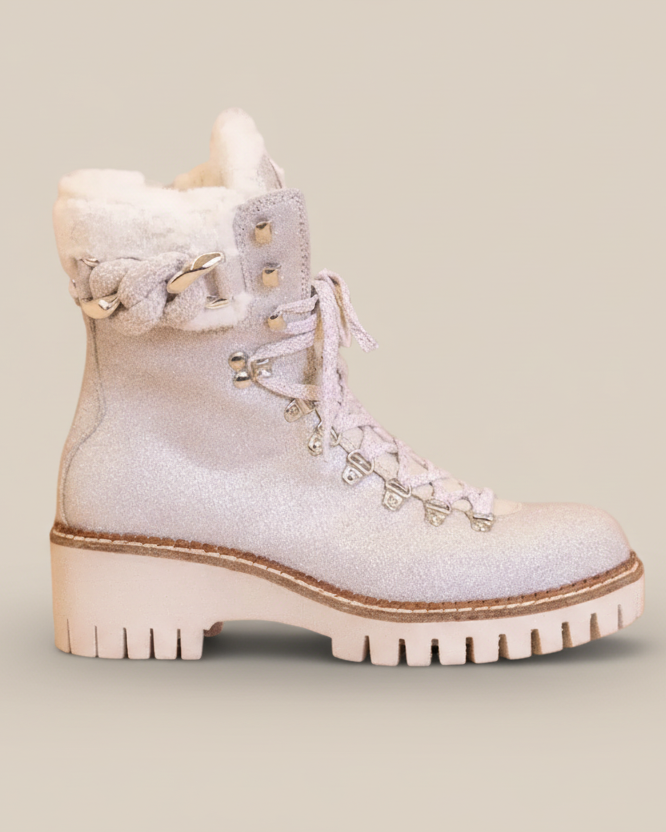 Anna Dove Grey Shearling-Lined Sparkle Leather Winter Boots | Luxury Lace-Up Boots