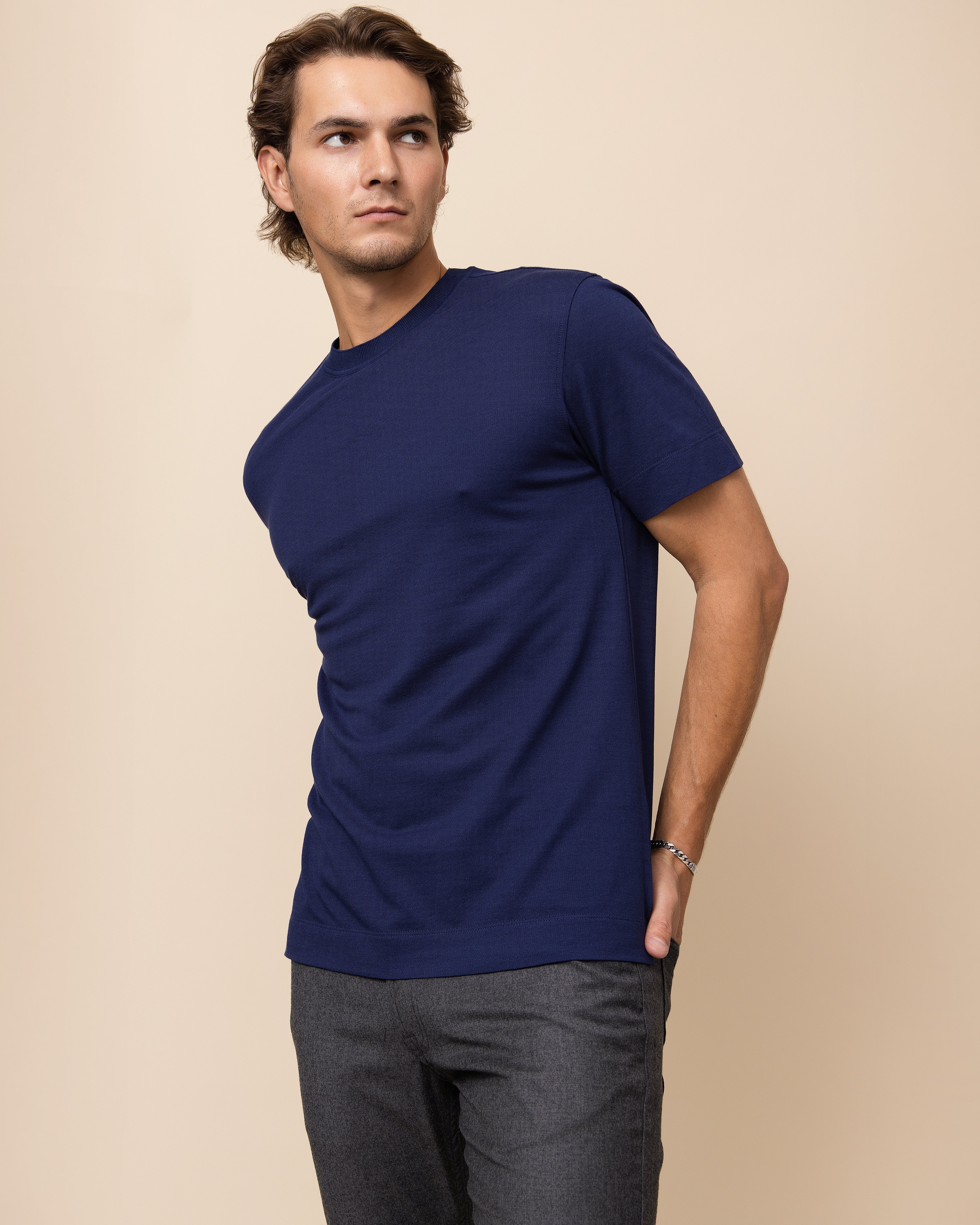HYDE Como silk-cotton luxury crew neck tee in navy, men's Italian pique knit tee styled for the modern mountain lifestyle