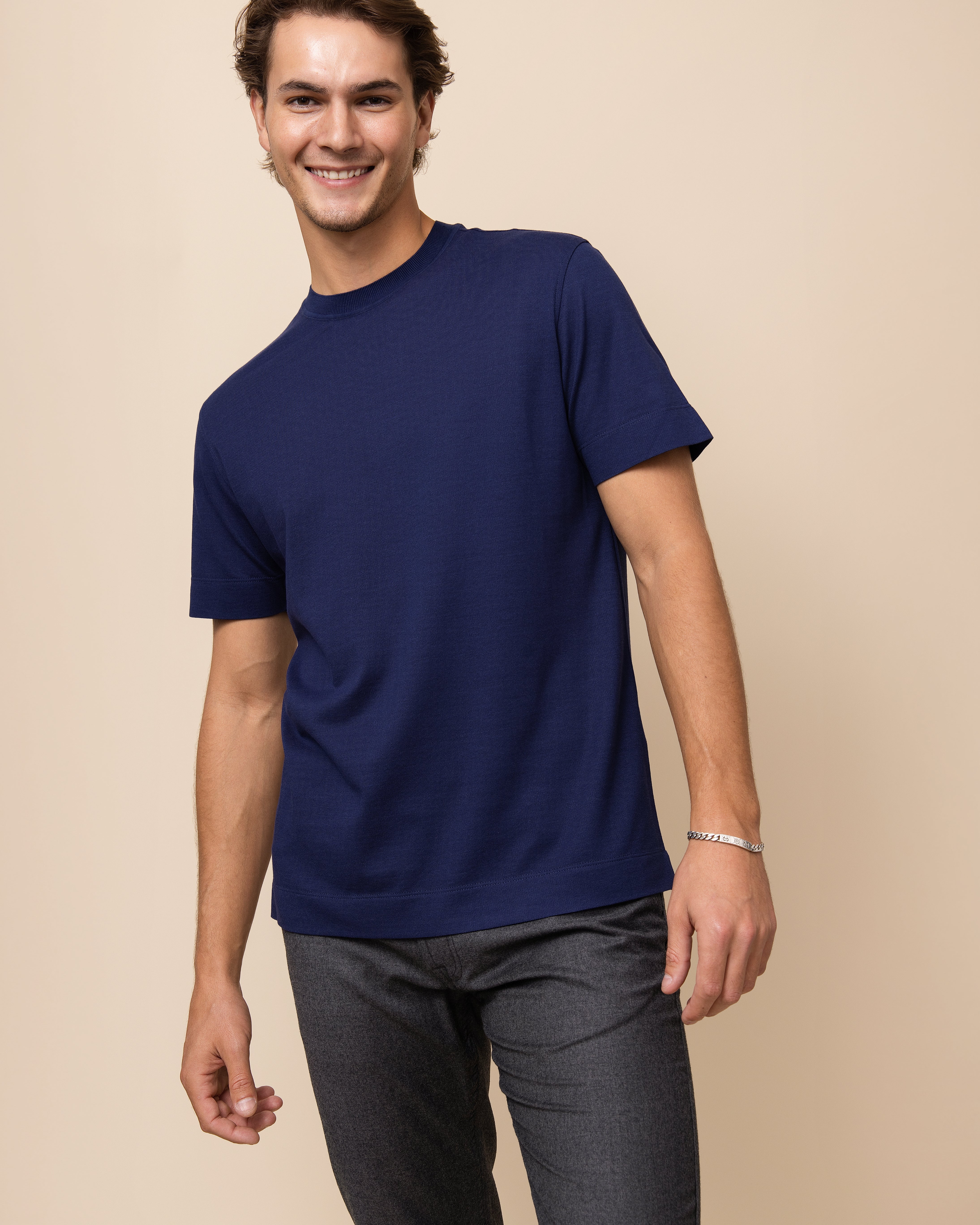 HYDE Como navy silk-cotton luxury crew neck tee by Emiliano Zapata, men's Italian silk-cotton pique t-shirt