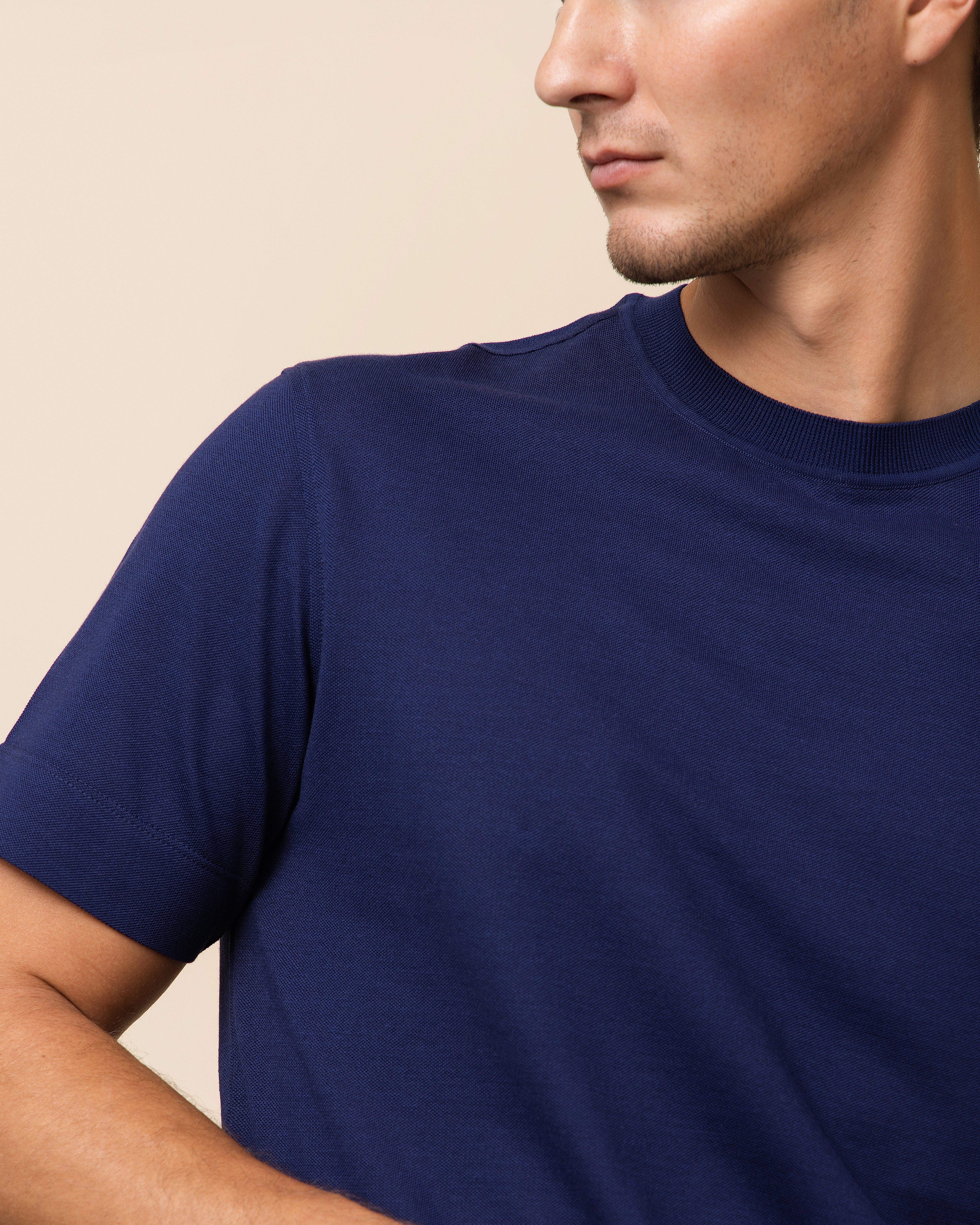 Emiliano Zapata navy silk-cotton pique tee for men, tailored crew neck with clean sleeve and hem finish