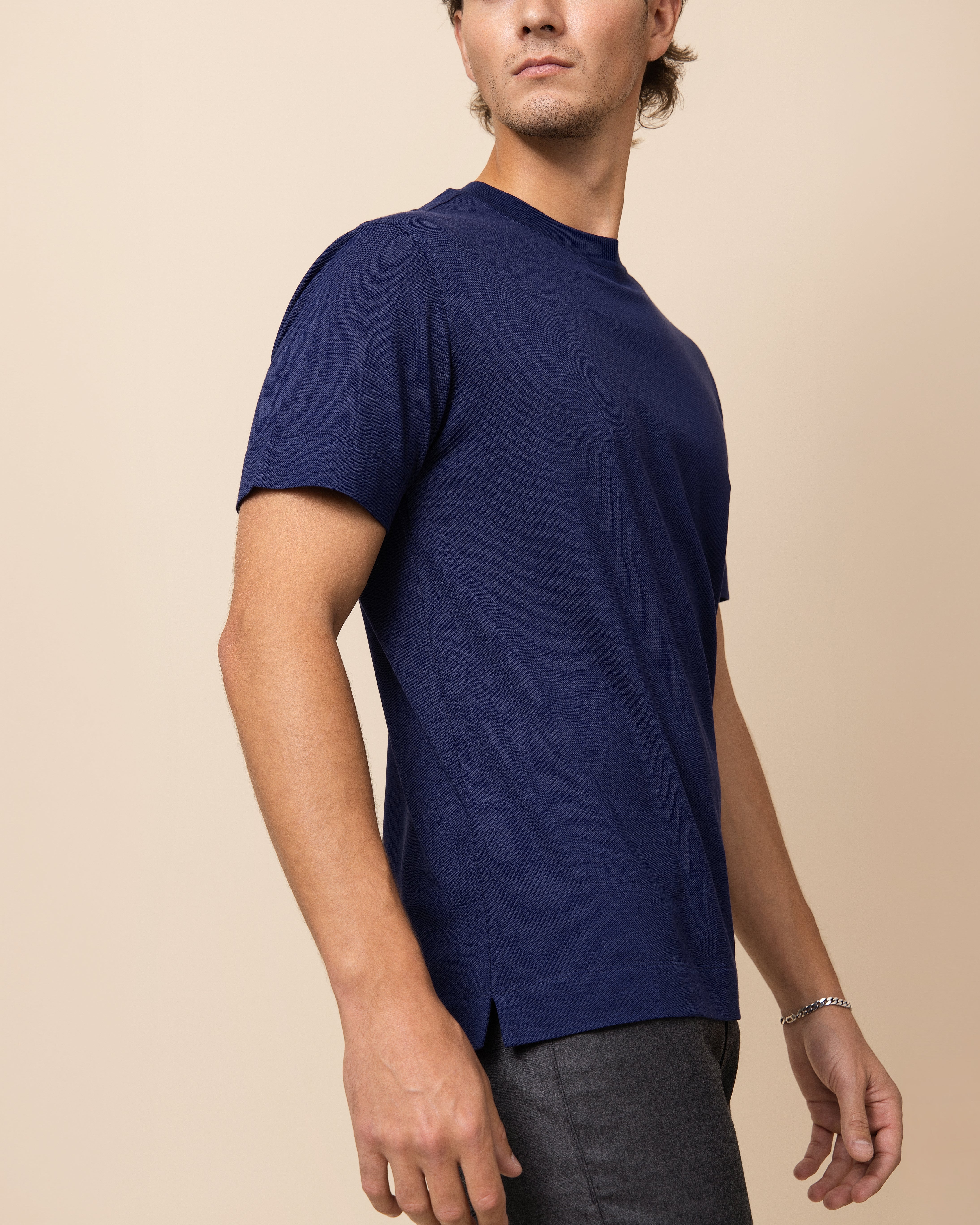 Navy silk-cotton pique t-shirt by Emiliano Zapata for HYDE, quiet luxury resort wear layering piece