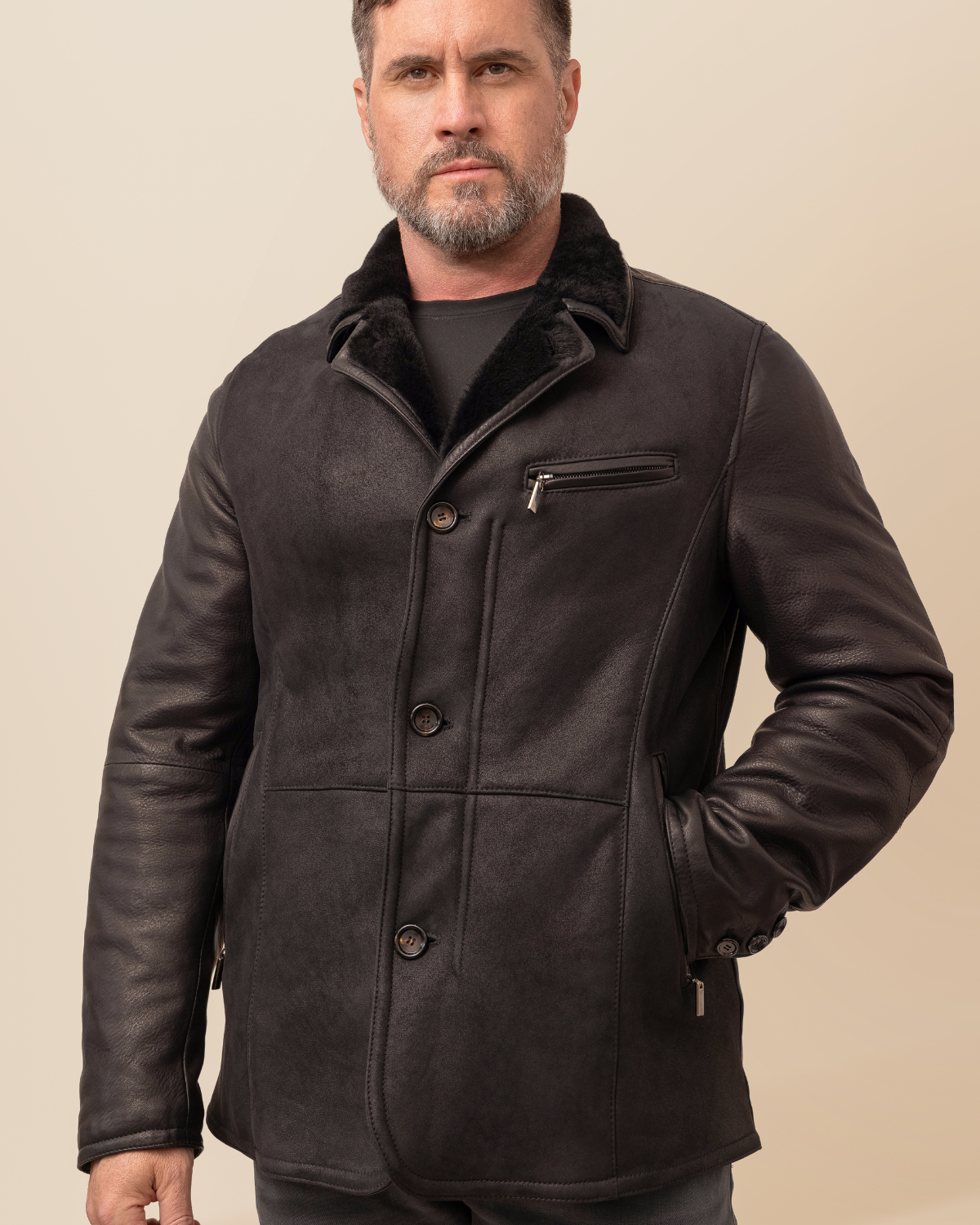 Cortina Black Spanish Merino Shearling & Italian Deerskin Jacket for Men | Luxury Winter Coat