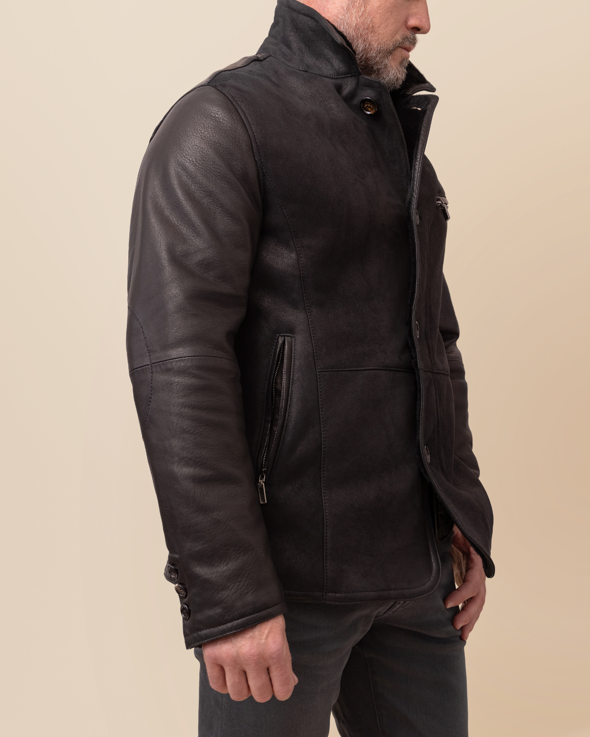 Cortina Black Spanish Merino Shearling & Italian Deerskin Jacket for Men | Luxury Winter Coat