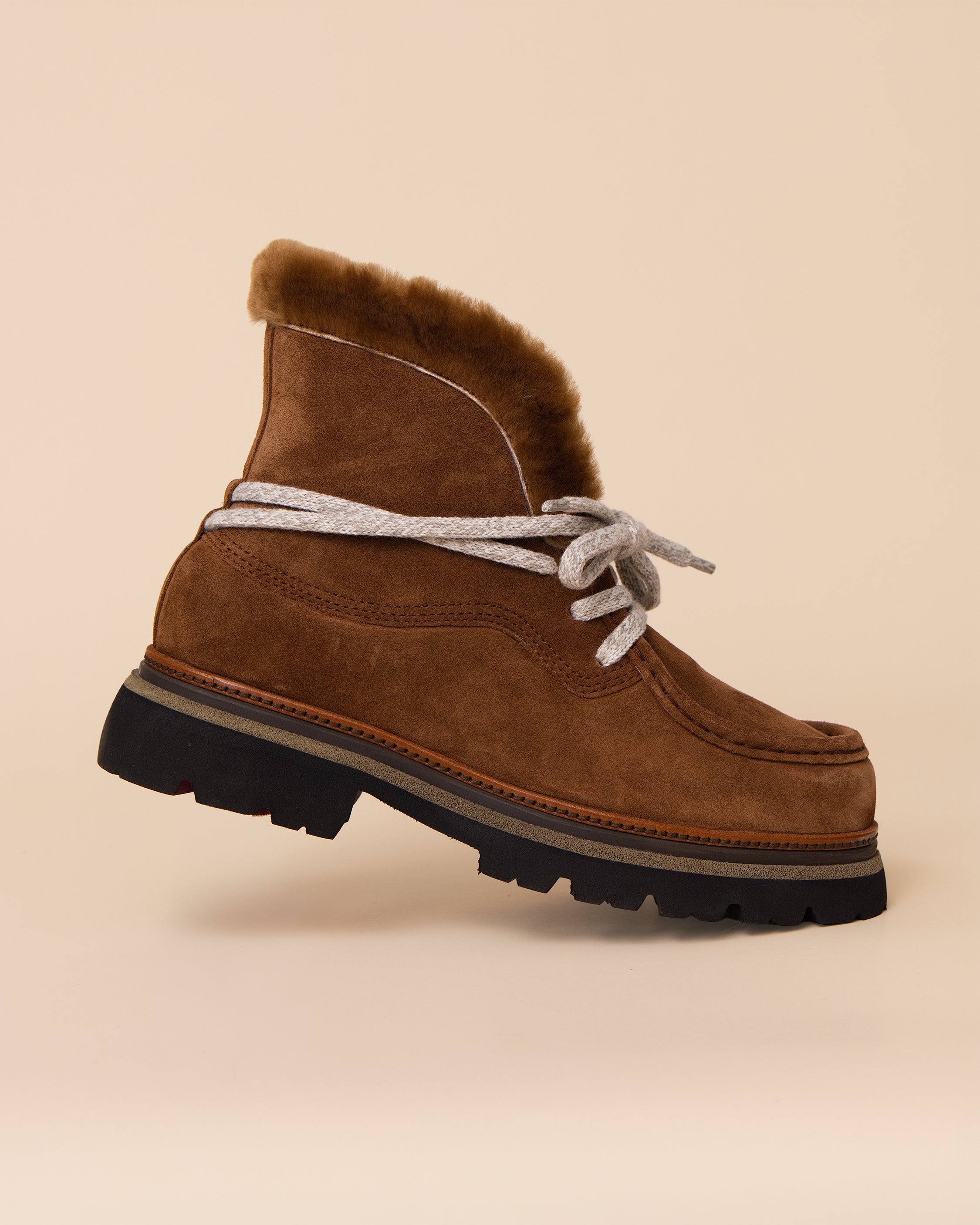 Tabacco suede ankle boot showing lace-up front and plush fur lining, HYDE Dalia by Calò