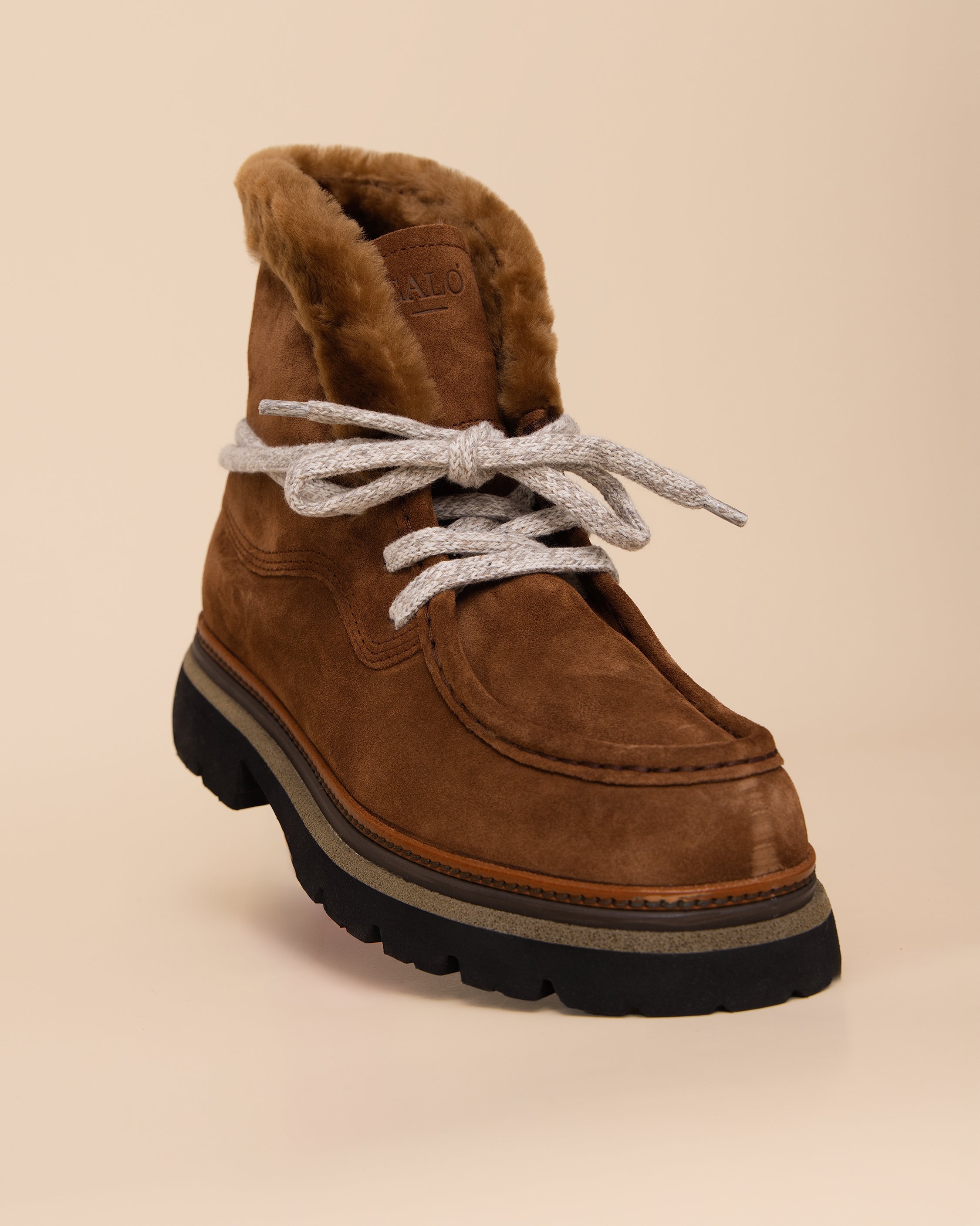 HYDE Dalia women's boot in tabacco suede, side profile with lugged rubber sole
