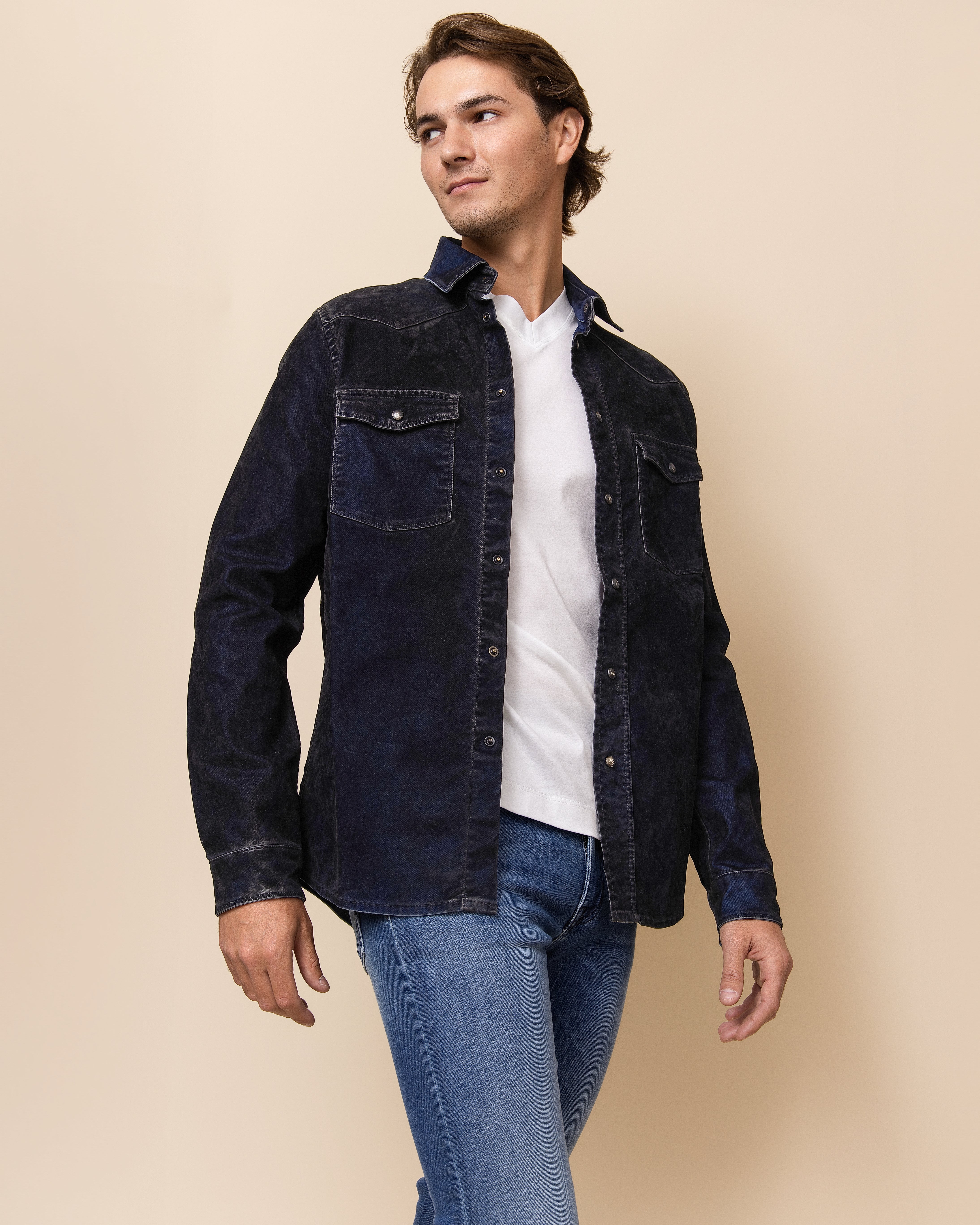 HYDE Durango Western snap shirt in blue oxford, tailored fit with curved hem and reinforced seams