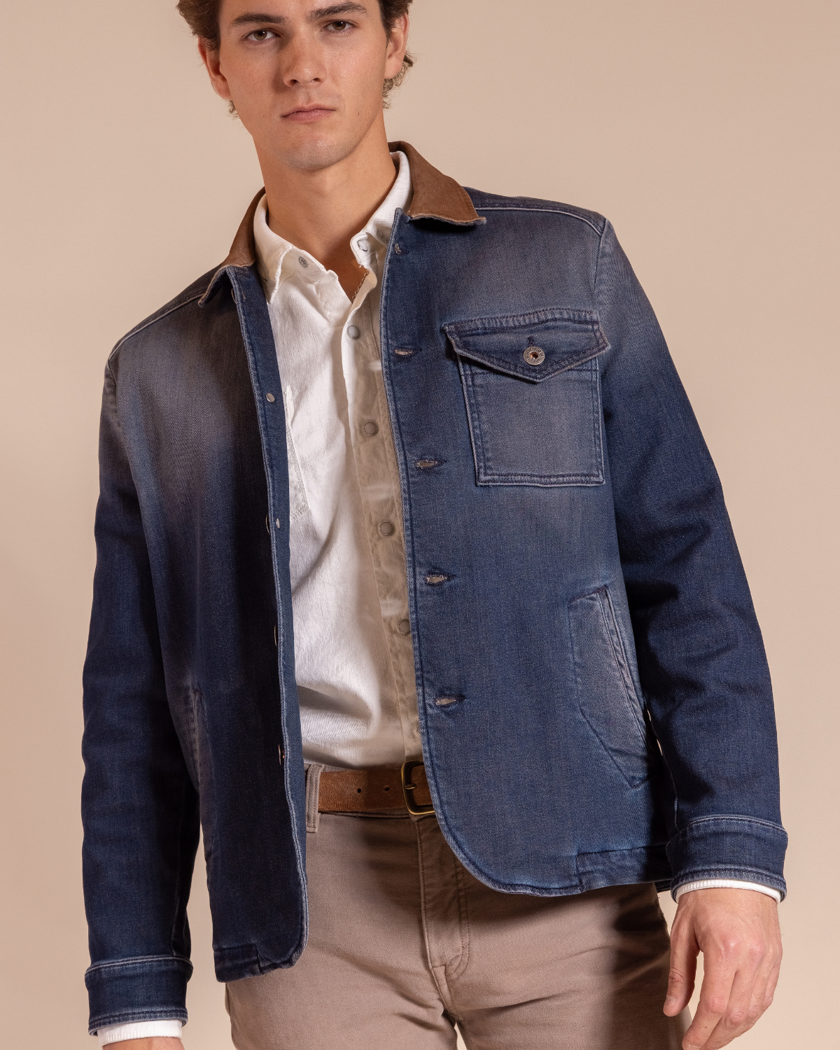 Hyde Dutton Jacket — men's Italian garment-dyed indigo denim Western jacket by Teleria Zed with tobacco corduroy collar and button front.