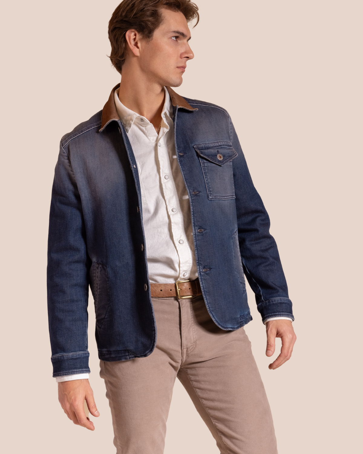 Hyde Dutton indigo denim jacket, front view — men's Italian Teleria Zed Western jacket with tobacco corduroy collar and utility chest pocket.