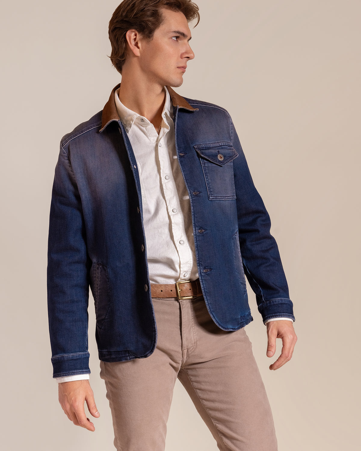 HYDE Dutton Jacket, men's Italian garment-dyed indigo denim Western jacket, front view showing the button-front closure and tobacco corduroy collar.