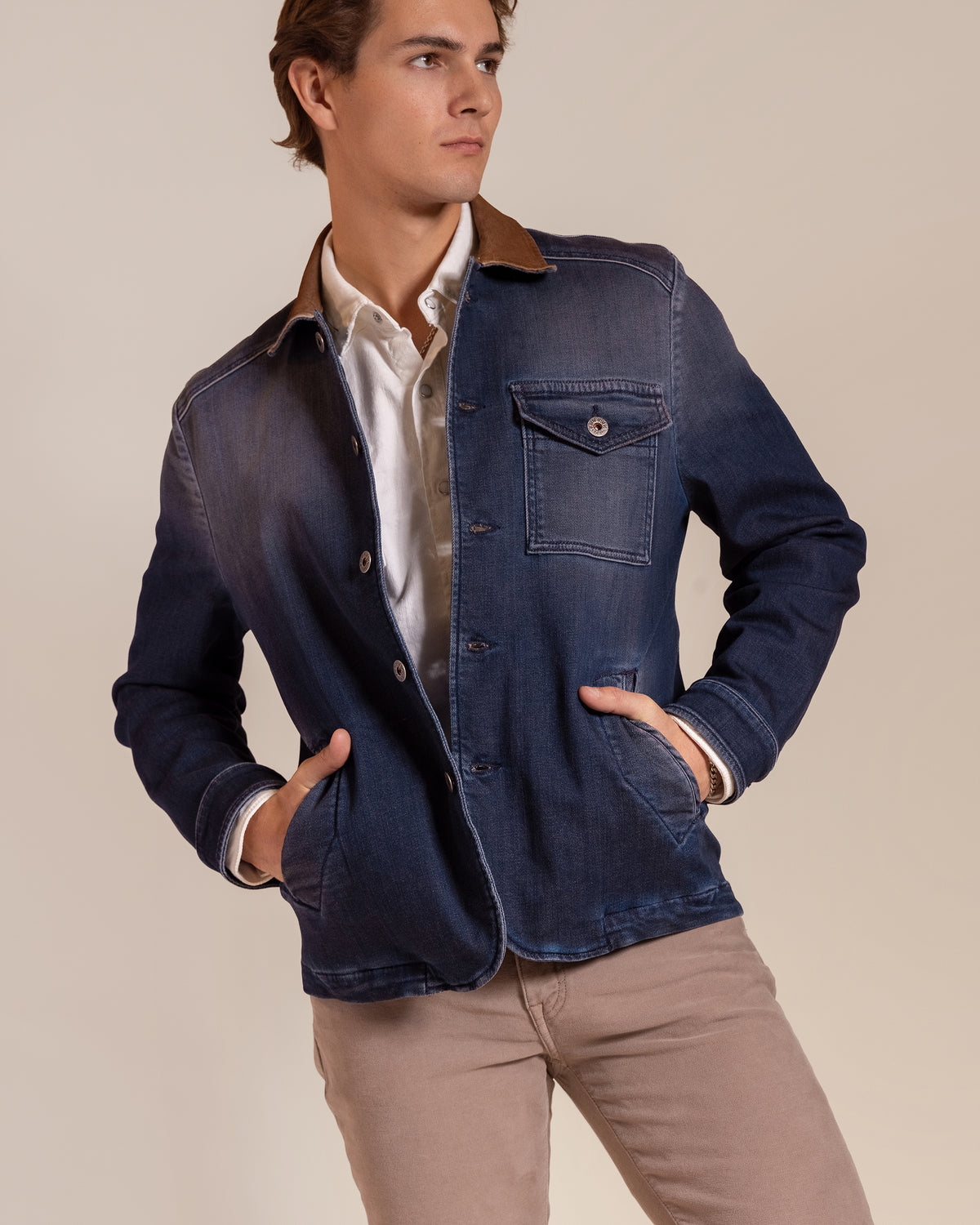 HYDE Dutton Jacket, men's Italian garment-dyed indigo denim Western jacket, front view showing the button-front closure and tobacco corduroy collar.