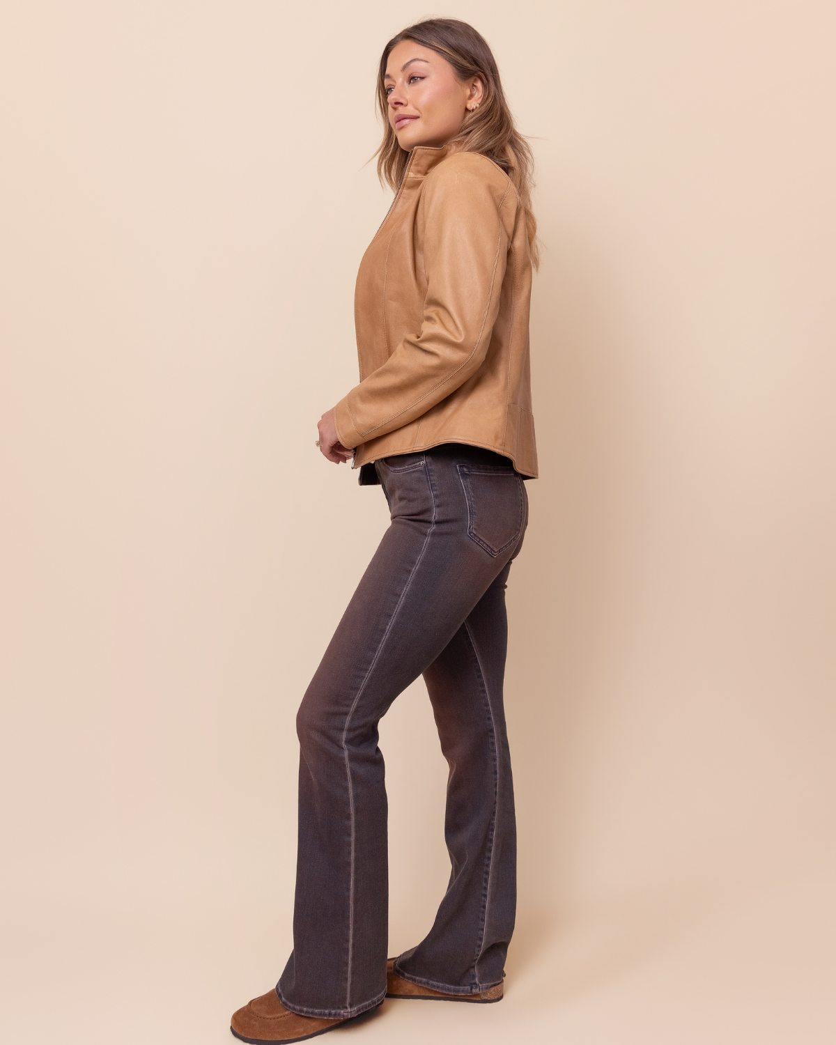 HYDE Sienna Jacket — side profile, Sand Rustic waxy distressed lambskin with Rustic Napa trim, USA-made