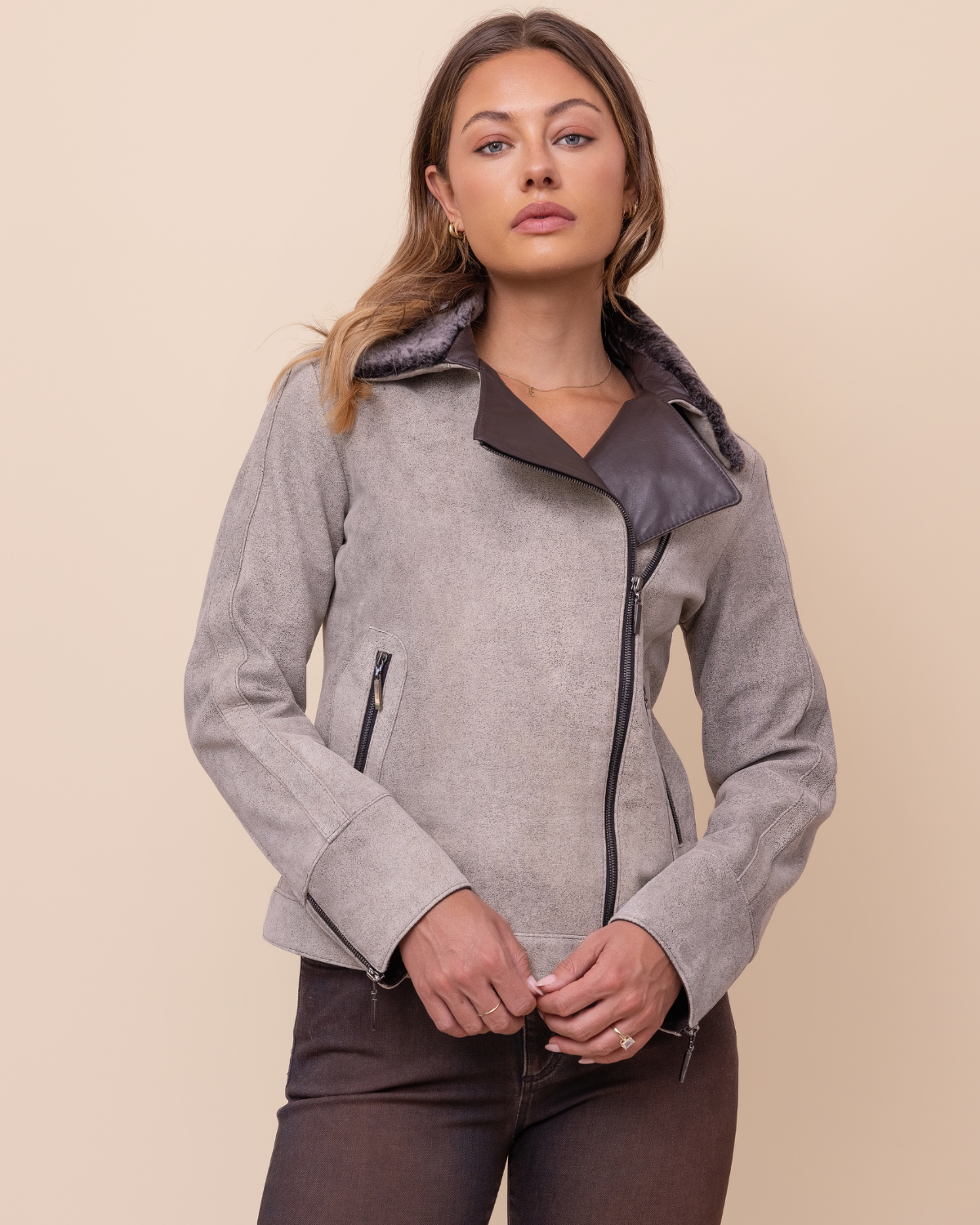 HYDE Elara Jacket in Diego Rustic — front view, distressed lambskin with shearling collar and Rustic Napa trim, asymmetrical zip, handcrafted in Los Angeles
