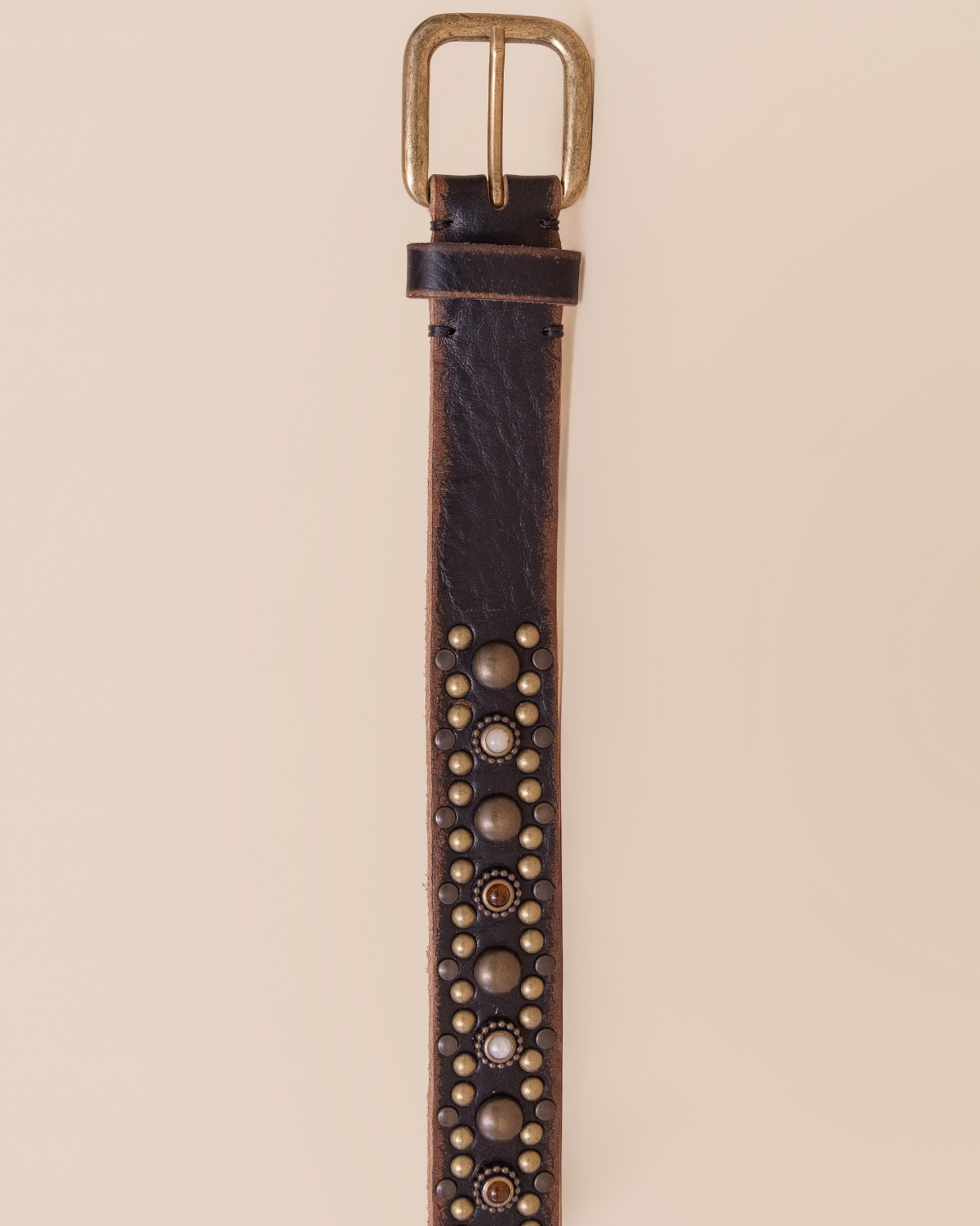 full view — layered mixed metal stud detailing on cammello leather