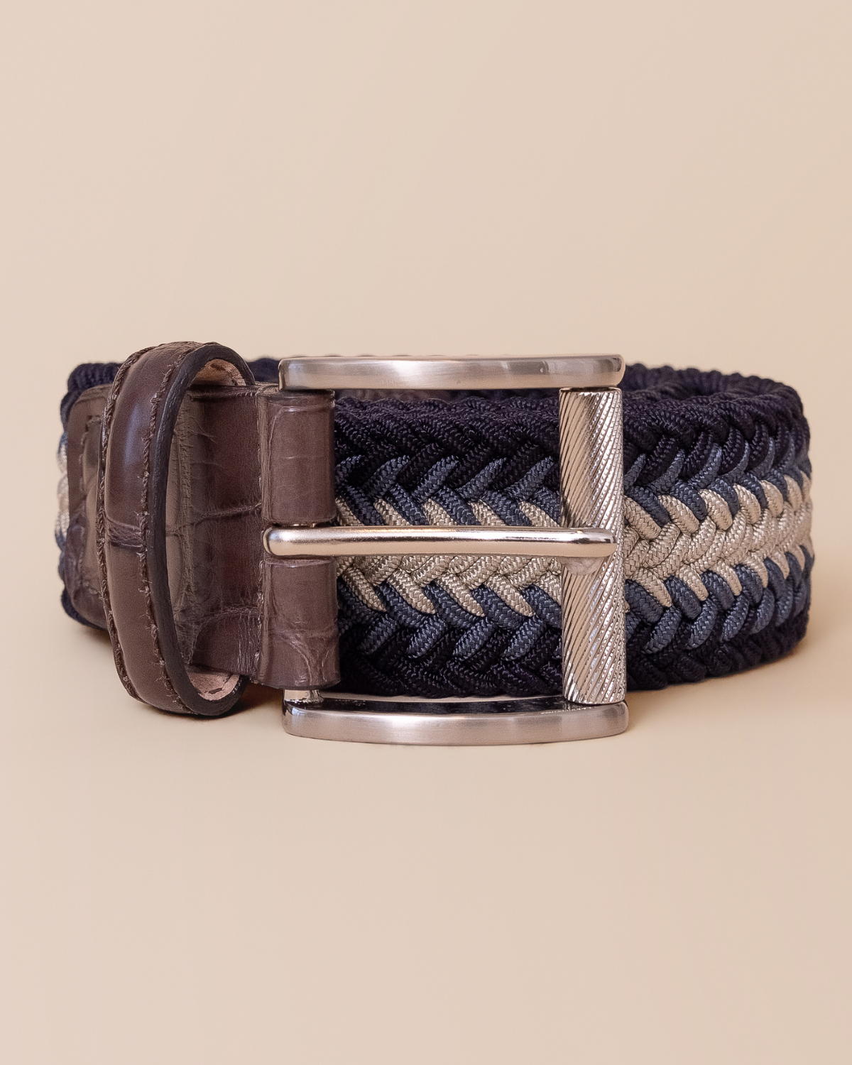 Italian woven braid in navy, steel, and stone with alligator trim