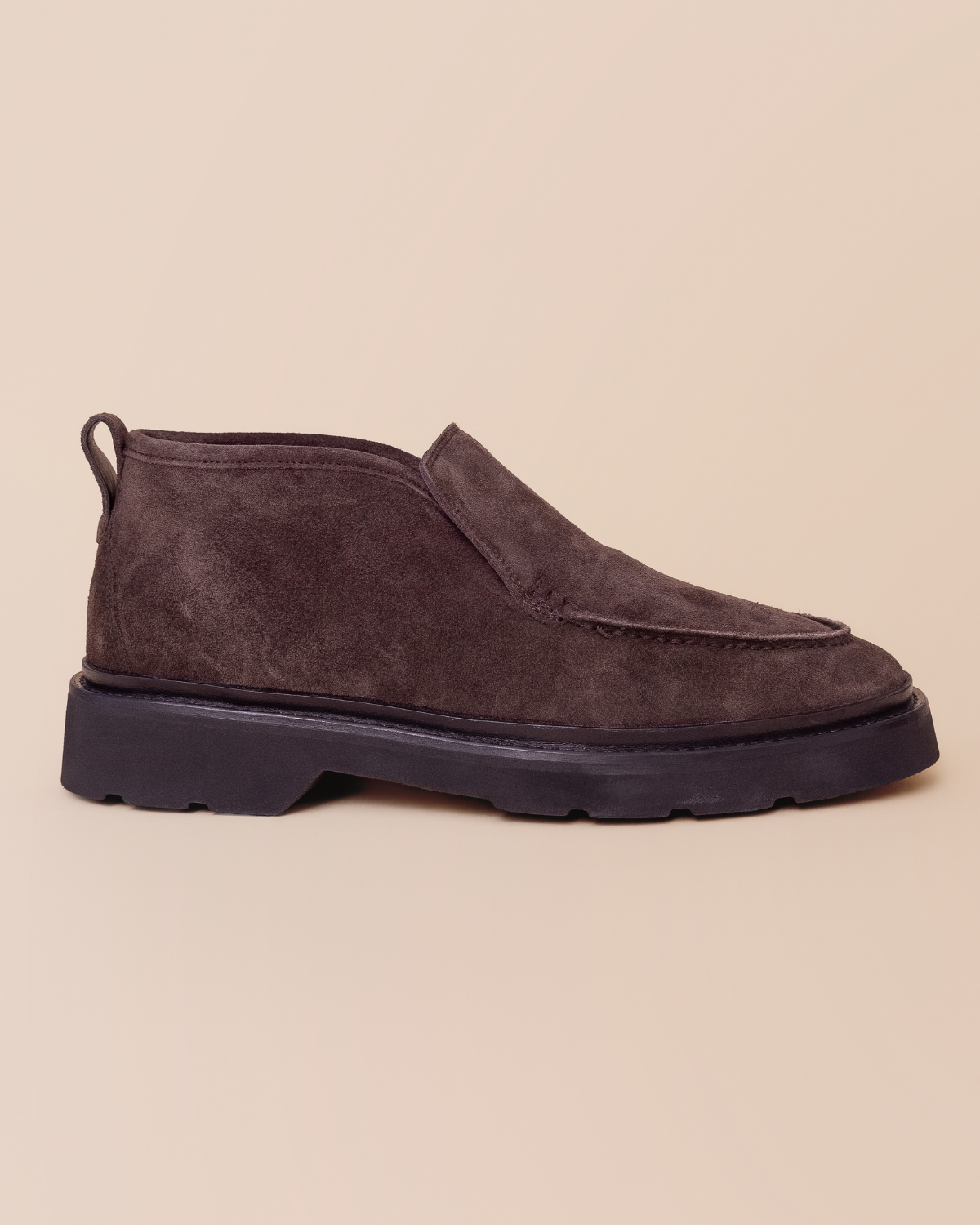 espresso brown suede with moc-toe stitching and lug sole