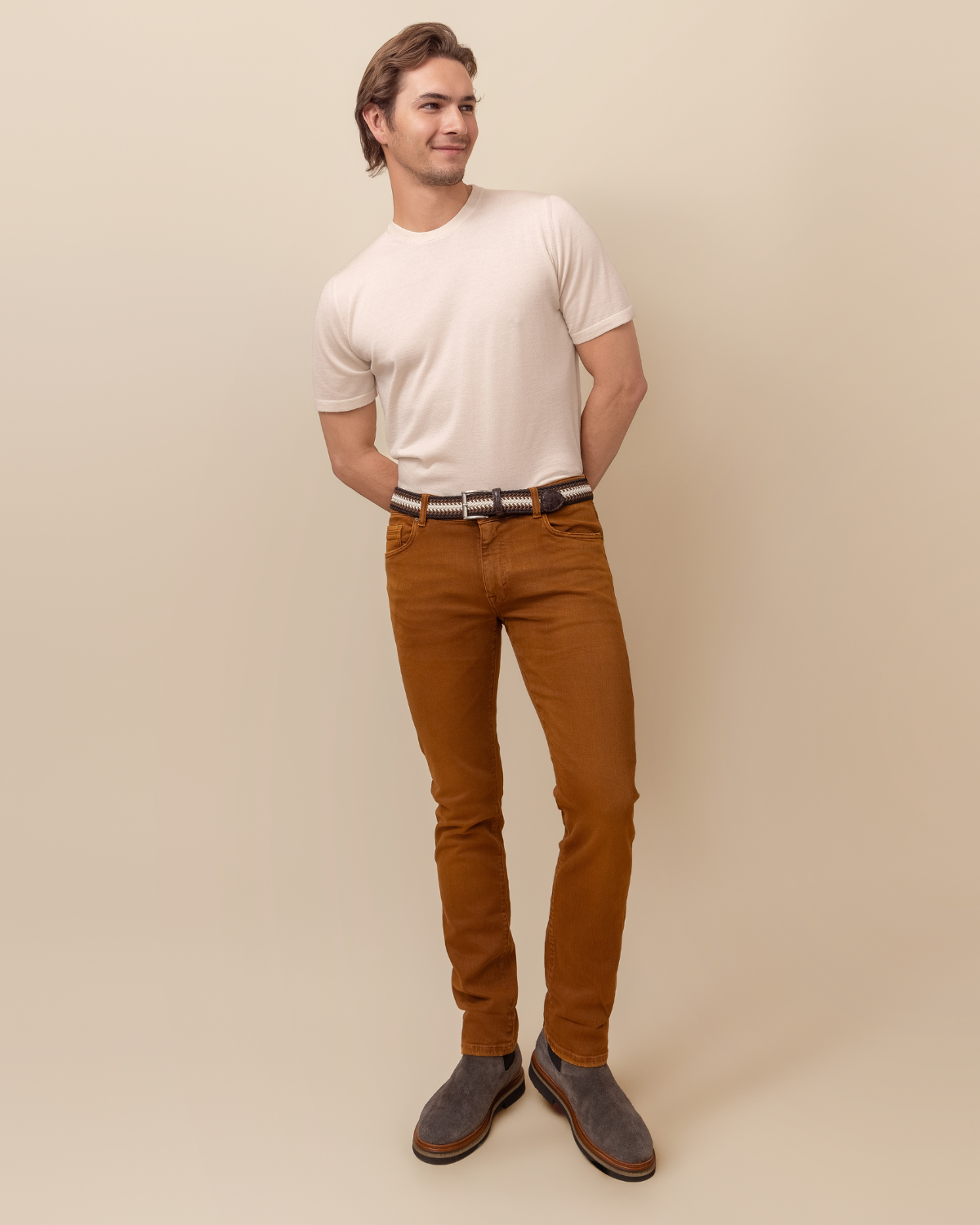 HYDE Cortona Baby Cashmere & Silk Crew Neck Sweater in Crystal Ivory — full front view, 70% baby cashmere 30% silk, made in Perugia Italy