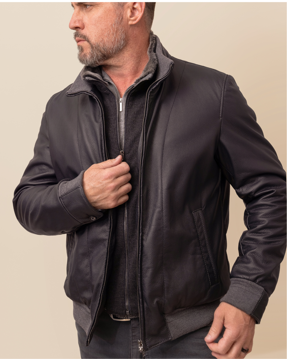 Vercelli Italian Deerskin Bomber Jacket by HYDE — back view, tailored bomber silhouette, rib-knit hem